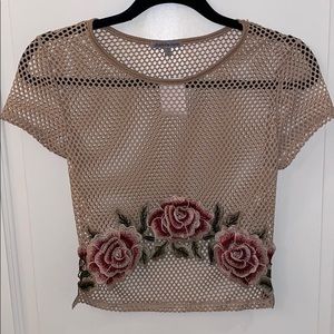 Beige mesh shirt with rose detailing